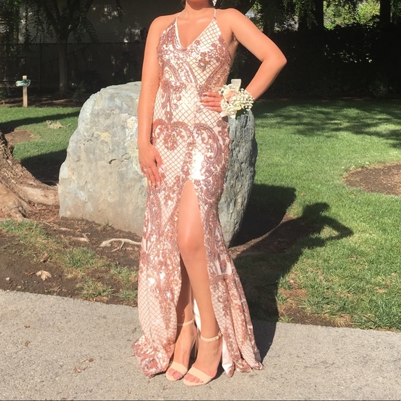 rose gold prom dress with slit